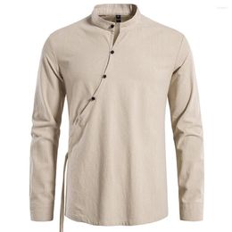 Men's Casual Shirts Shirt Polo European Fashion Oblique Placket Long Sleeve Men's Top Tees Khaki Retro Summer Spring T For Man Clothing