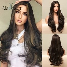 Long Wave Dark Brown Synthetic Wigs for Black Women Middle Parted Wigs with Highlights Cosplay Hair Heat Resistantfactory direct