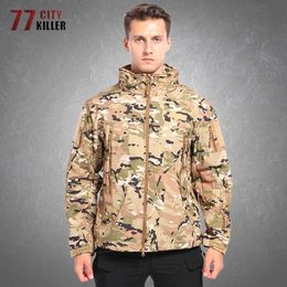 Outdoor Jackets Hoodies Men's Camouflage Fleece Tactical Soft Shell Jackets Outdoor Sports Windproof Waterproof Multi-Pockets Military Hooded Coats Male 0104