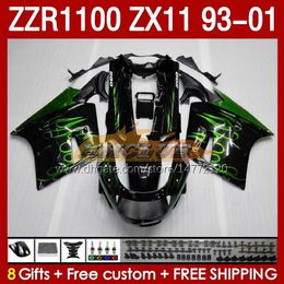 Body For KAWASAKI NINJA ZX-11 R ZZR-1100 ZX-11R ZZR1100 ZX 11 R 11R ZX11 R 1993 1994 1995 2000 2001 165No.54 ZZR 1100 CC ZX11R 93 94 95 96 97 98 99 00 01 Fairing Kit Green flames