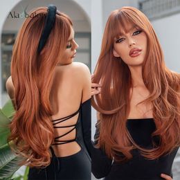 Long Straight Synthetic Wigs for Women Red Brown Copper Ginger Wigs with Bangs Cosplay Daily Party Heat Resistantfactory direct