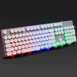 Gaming Russian Keyboard Retro Round Glowing Keycap Backlit USB Wired Metal Panel Illuminated Border Waterproof