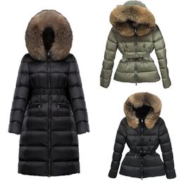 Womens hooded Down Jacket Winter Outdoor warmth long Jackets Coats Real raccoon hair collar Warm Fashion Parkas With Belt Lady cotton Coat Outerwear big Pocket M