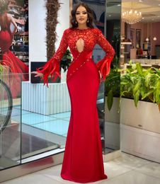 Red Mermaid Prom Dresses Long Sleeves V Neck Feather Halter Appliques Sequins Sparkly Satin Beaded Floor Length Lace Sexy Formal Dresses Plus Size Custom Made