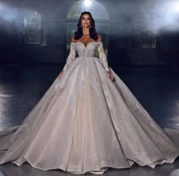 Elegant Ball Gown Wedding Dresses V Neck Long Sleeves Strapless Beaded Applique Sequins 3D Lace Ruffles Celebrity Sparkly Plus Size Formal Bridal Gowns 2023