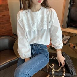 Women's Blouses Spring Autumn Women Korean Style Sweet Lace Chic Long Sleeve White Shirts Fashion Temperament Casual Slim Simple Blouse