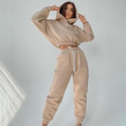 Women's Two Piece Pants Fall Outfits Women Jogger Pant Sets Solid Colour Ribbed Cuff Crop Hoodies Sportswear Loose Tracksuit Conjuntos De