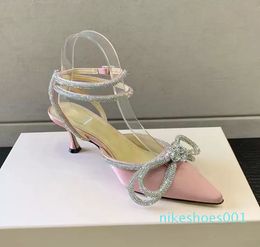 2023 Dress shoe Evening Slingback Satin Bow Pumps 6.5cm Crystal-Embellishments rhinestone shoes spool Heels sandals for women slipper