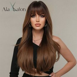 Dark Roots Brown Long Wavy Synthetic Wigs for Women Natural Looking Heat Resistant Wig with Bangs Daily Use Fake Hairfactory direct