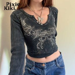 Women's T-Shirt PixieKiki Fairy Grunge Printed Rhinestone V Neck Long Sleeve Crop Top Aesthetic Vintage Clothes Black Graphic T Shirts P84-BD16 T230104