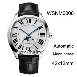 New Drive WSNM0008 Steel Case Silver Texture Dial Big Roma Automatic Moon Phase Mens Watch Black Leather Cheap Watches CAR-B31b2248T
