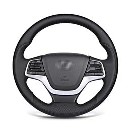 for Hyundai Elantra 4 2016 2017 Solaris 2017 Accent 2018 DIY Hand-stitched Black Leather Car Steering Wheel Cover