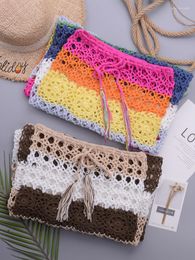 Skirts Aproms Colourful Handmade Crochet Long Maxi Women 2023 Summer Drawstring High Waist Hollow Out Beach Bikini Coverup Bottom