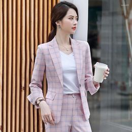 Women's Two Piece Pants Women's Pink Plaid Suit Fashion Casual Temperament Commuting Jacket Profession Women Outfits