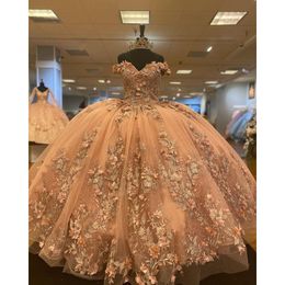 Rose Gold Off The Shoulder Quinceanera Dresses Ball Gown Sleeveless Floral Appliques Lace Handmade Flowers Sweet 15 Party Wear