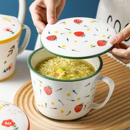 Bowls Creative Floral Series Large Oversized Instant Noodle Ceramic Cup Bowl With Cover Bento Box Student Lunch Soup Set
