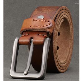 Belts Vintage Men's 3.8cm Wide Double Breasted Belt Cowhide Prong Buckle Handmade Heavy Duty Fashion Jeans Brown