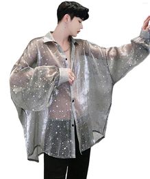 Men's Casual Shirts Mens Sexy See Through Long Sleeve Tops Bling Baggy Loose Style