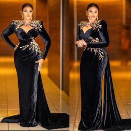 Classic Black African Dubai Evening Dresses Full Sleeve Velvet Mermaid Prom Dress Beading Applique Formal Party Gowns