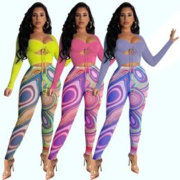 Designer Tracksuits Women Two Piece Sets Autumn Outfits Long Sleeve Bandage Hollow Out Tops and Print Pants Sportswear Night Club Party Wear Wholesale Clothes 8632