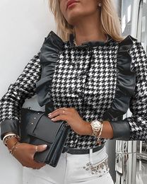 Women's Blouses Fashion Ruffle PU Leather Houndstooth Shirt Women Blouse Spring Slim Long Sleeve Tops Office Lady Casual Button