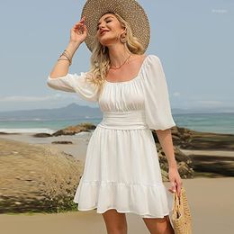 Casual Dresses Tie Back Summer Mini Dress Women's Lantern Sleeve Ruffled Off Shoulder Sexy Robe A-Line Vintage Wrap Up Elegant