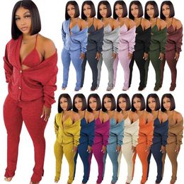 Fall Winter Knitted Tracksuits 3 Pieces Sets Women Outfits Long Sleeve Cardigan Coat and Split Pants with Bra Matching Set Casual Sports Suits Sweatsuits 8697