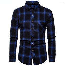 Men's Casual Shirts Mens Clothing Blouse Blue Gradient Striped Men Shirt Tops Business Plaid Print Long Sleeves