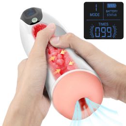 Beauty Items Male Masturbator Oral Blowjob Massager Penis Trainer Vagina Real Pussy LCD Display 8 Modes Vibrator sexy Toys For Men Erotic
