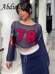 Women's T-Shirt Abdieso Y2K Vintage Letter Print Knitted Crop Top Women Fashion 2022 Fall Winter Loose Long Sleeve T Shirts Sexy Streetwear T230104