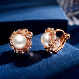 Backs Earrings Vintage Rose Gold Colour No Hole Piercing Clip Exquisite Mosaic Top Zircon Pearl Flower For Women Jewellery