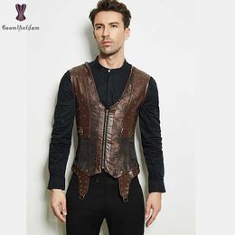 Men's Body Shapers Mens Corset Steampunk Style Coffee Jacket Synthetic Leather Sprial Steel Boned Outwear Men Punk Corsets Zipper Corselet B