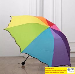 200pcslot New Colorful ThreeFolding falbala Rainbow Rainy Telescopic Umbrella