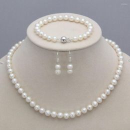 Necklace Earrings Set Genuine 8-9mm Natural White Akoya Cultured Pearl Bracelet