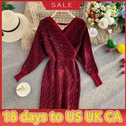 22FF New autumn and winter women's dresses wool knit V neck sexy long sleeve Europe the United States selling large size casual dress92WP