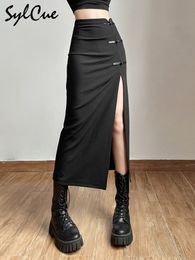 Skirts Sylcue Black Sexy Split Simple Casual All Match Street Outing Cool Mature Vitality Personality Trend Basic Women S Skirt 230103