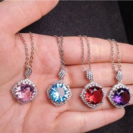 Women imitation red crystal sweet pendant necklace European and American style girl blue purple pink zircon diamond white gold plated wedding party Jewellery