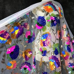 Clothing Fabric LASUI 2023 Brilliant Color Transparent Sequin Cluster Flower Shiny Mesh Dress High-end Custom Designer X0750