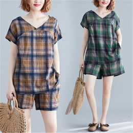 Women's Tracksuits Cotton And Linen Suit Female 2023 Summer Fashion Loose V-Neck Short-Sleeved Top Wide Leg Shorts Lattice Two-Piece Tide