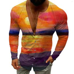 Men's Casual Shirts Watercolour Painting Men's Stand-up Collar Long-sleeved Shirt Autumn Simple Landscape Print Cardigan Pullover