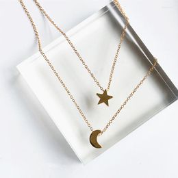 Chains Fashion Jewelry For Women Girl 2023 Gold Color/ Silver Color Star Moon Two Layered Chain Pendent Necklaces