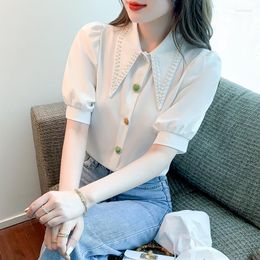 Women's Blouses White Blouse Puff Sleeve Beading Pointed Collar Shirt Women's 2023 Summer Design Chic Coloured Buttons Up Tops