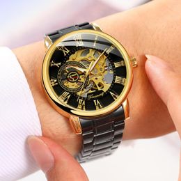 Wristwatches Ultra Thin Skeleton Royal Retro Design Black Steel Band Golden Movement Men Mechanical Male Wrist Watches Top