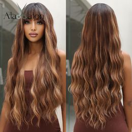 Honey Brown Highlight Synthetic Wigs for Black Women Long Wavy Wigs with Bangs Cosplay Coloured Hair Heat Resistantfactory direct