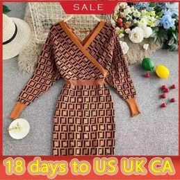 22FF New autumn and winter women's dresses wool knit V neck sexy long sleeve Europe the United States selling large size casual dress500Y