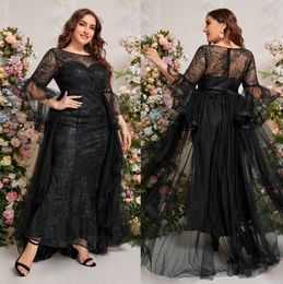 Black Sequined Plus Size Evening Dresses With Detachable Train Prom Gowns Long Sleeves Sheer Bateau Neckline Mermaid Special Occasion Dress