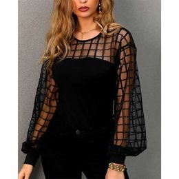 Women's T-Shirt New 2022 Women Sexy See-through Grid Mesh Patchwork Long Sleeve T-shirt Female Fashion Lace Splicing Tops Loose Casual Pullover T230104