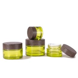Empty Makeup Sample Containers Bottle Olive Green Glass Cosmetic Jars with Wood grain Leakproof Plastic Lids BPA free