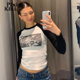 Women's T-Shirt PixieKiki Vintage Y2k Abstract Print Raglan Long Sleeve Crop Top Streetwear Women 2000s Grunge Baby Tee Graphic T Shirts P67BC18 T230104