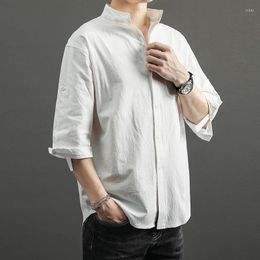 Men's Casual Shirts Summer Linen Shirt Three-quarter Sleeve Men's Japanese Loose Stand Collar Trend Solid Clothing Top